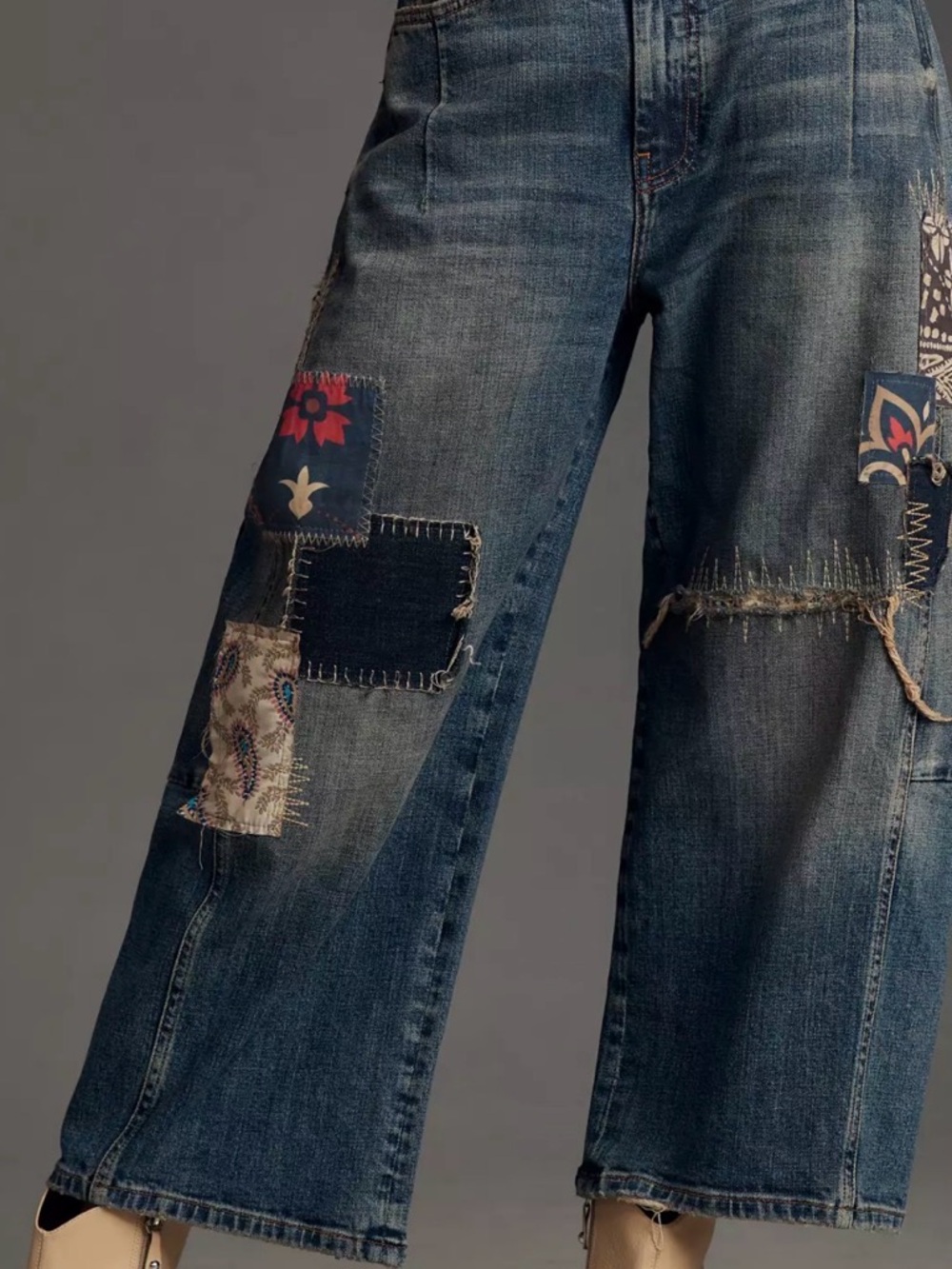 Pilcro Wide Leg Patchwork Jeans in Dark Blue with Multicolor Patches - Picture 2 of 9